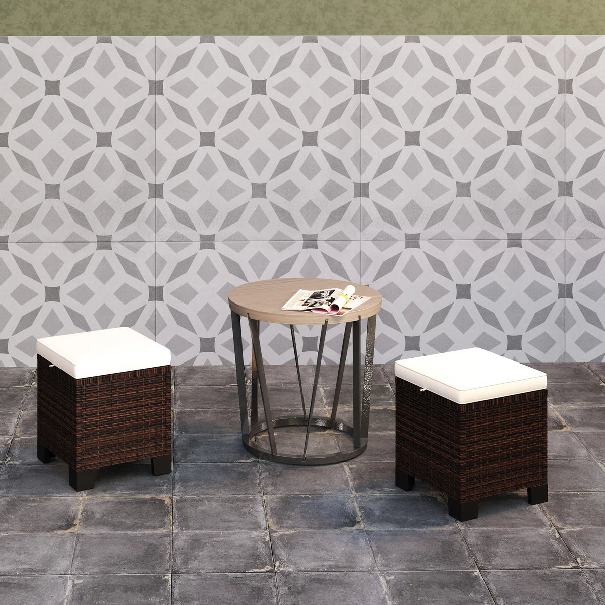 Wicker Outdoor Ottoman Footstool Set of 2 with Cushions, Beige