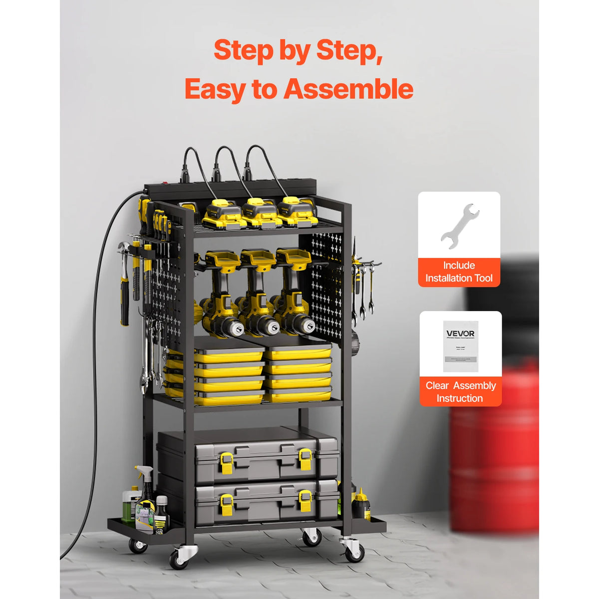 Rolling Tool Organizer Cart With Integrated AC Charging Station