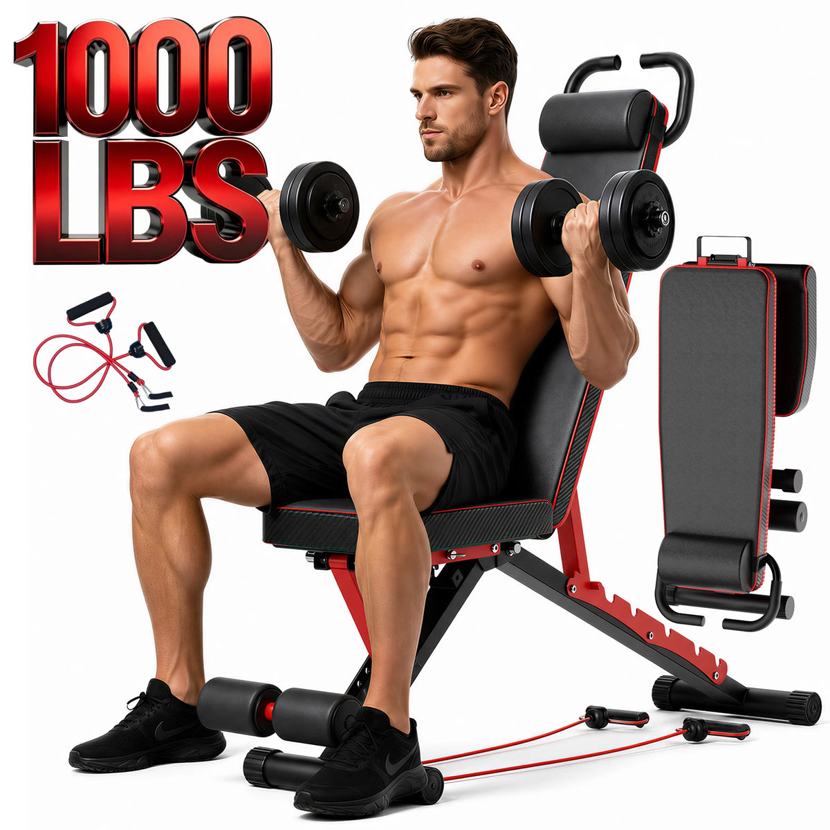 Foldable Weight Bench With Adjustable Backrest And Resistance Bands