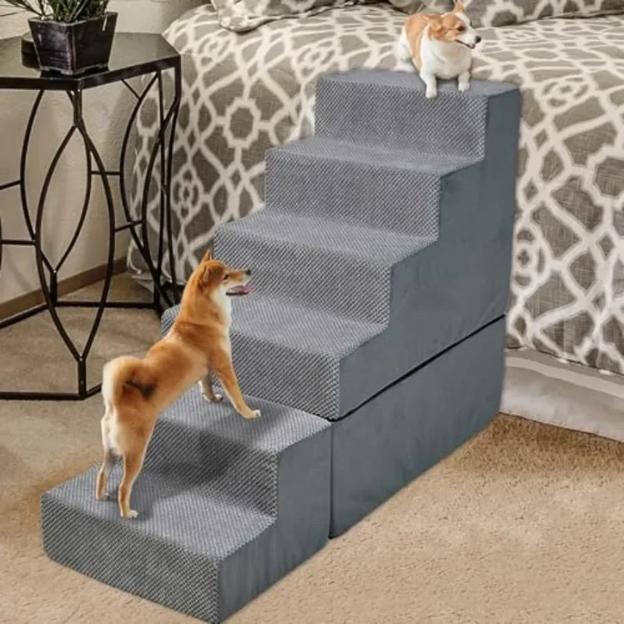 30 Dog Stairs for Small Dogs Cats to Access High Beds, Grey Polyester Fabric with Non-Slip Surface, No Assembly Required