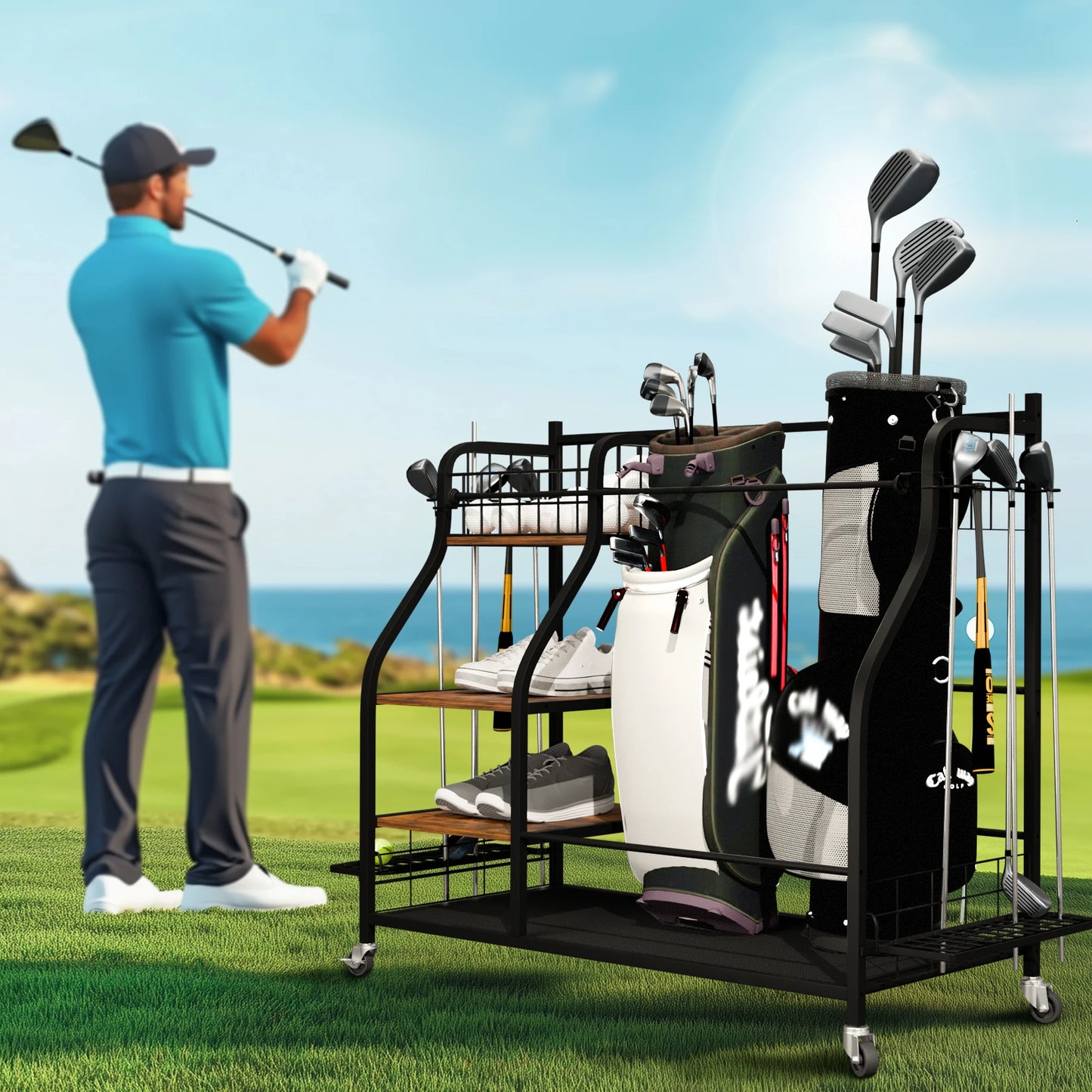 Metal Rolling Golf Bag Storage Shelf Rack With Wheels