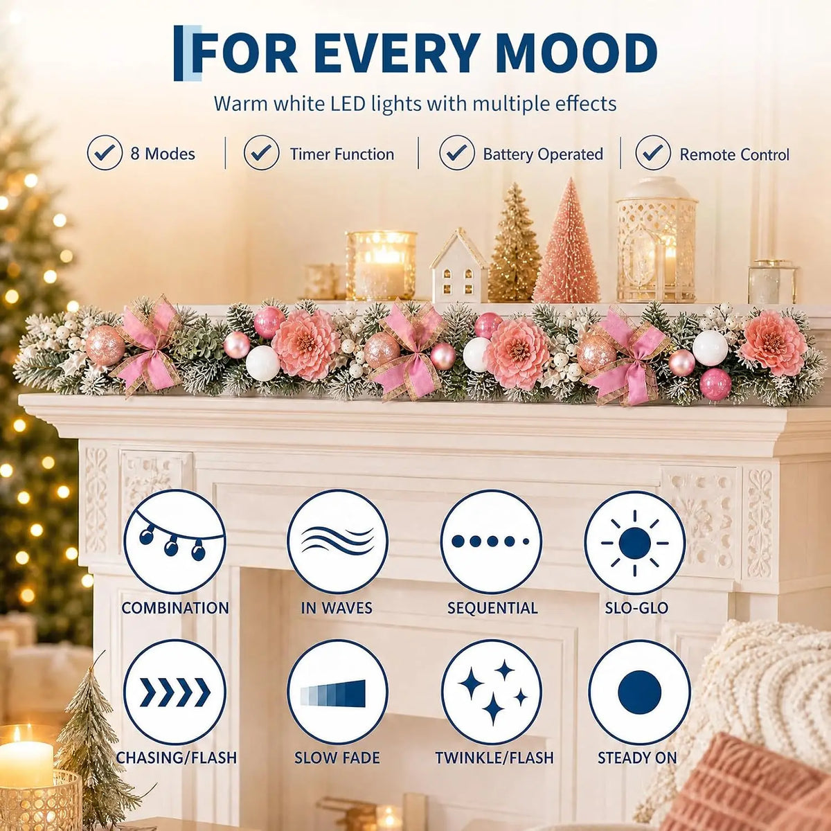 Garvee Lighted Artificial Magnolia Christmas Garland for Holiday Decor