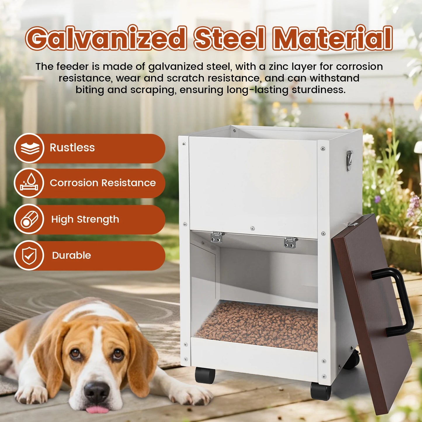 Automatic Dog Feeding Dispenser Galvanized Pet Food Storage Trough With Wheels