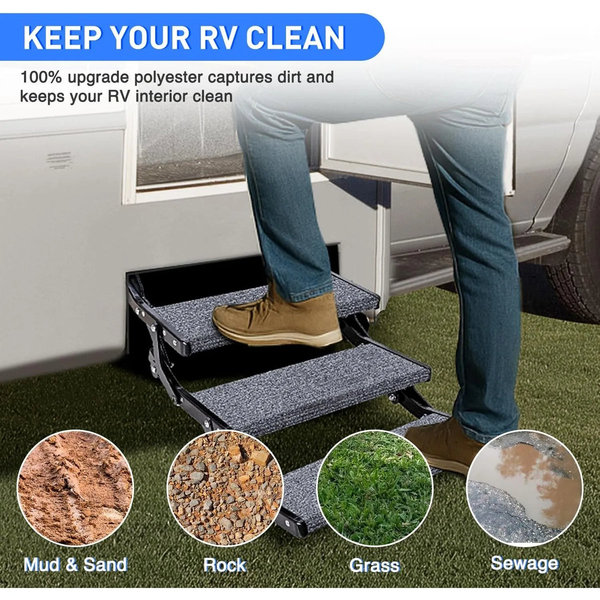 Nilight RV Step Covers 3 Pack 23" Adjustable Wrap Around Carpet with Spring for 8-11" Camper Steps Electrical Manual RV Stairs