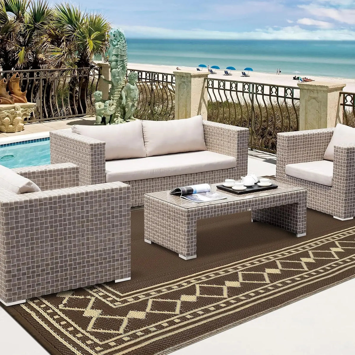 9x18 Waterproof Reversible Outdoor Rug – Diamond Border Plastic Straw Patio Mat, for RV, Deck, Porch, Picnic, Balcony & Beach, Coffee