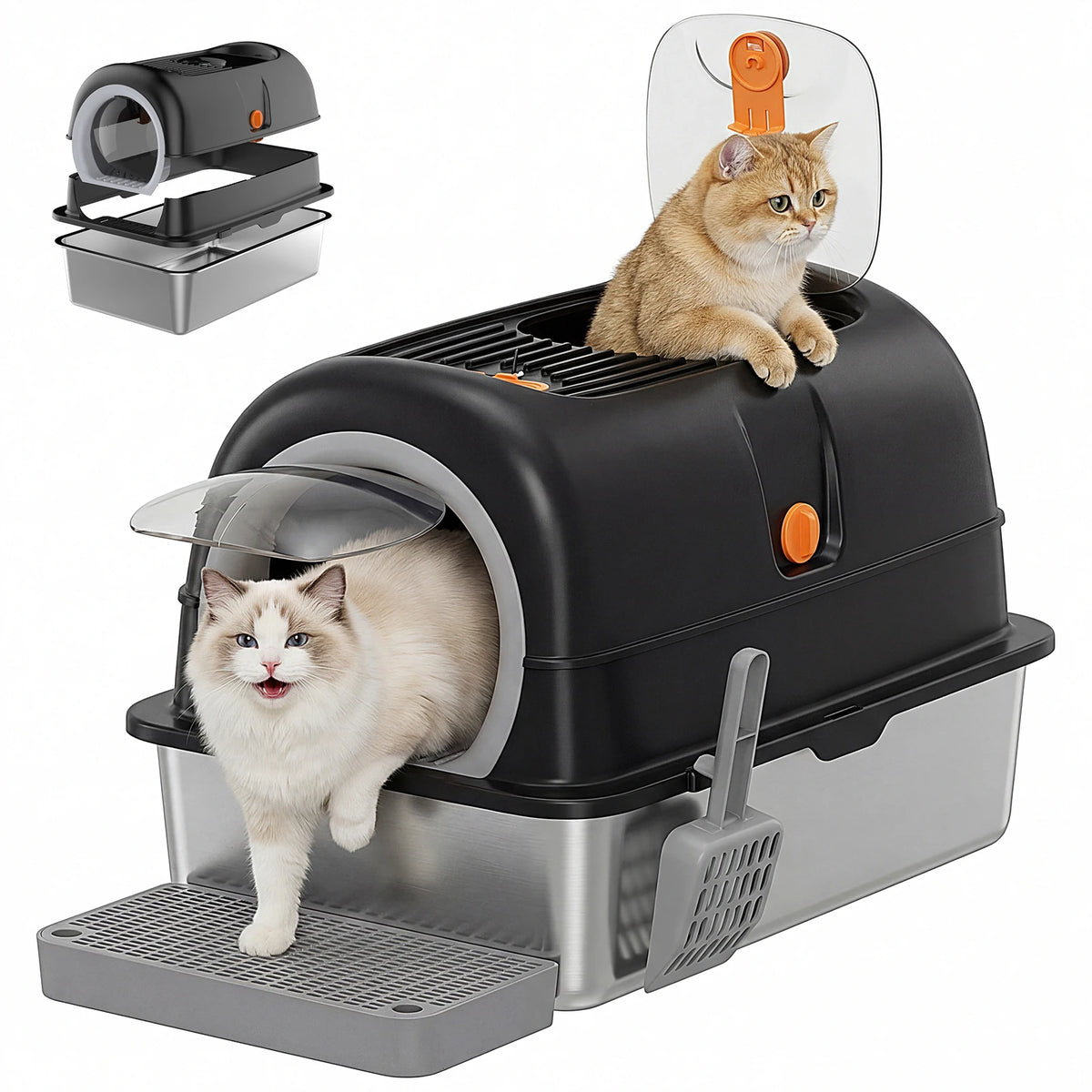 Stainless Steel Fully Enclosed Cat Litter Box With Scoop