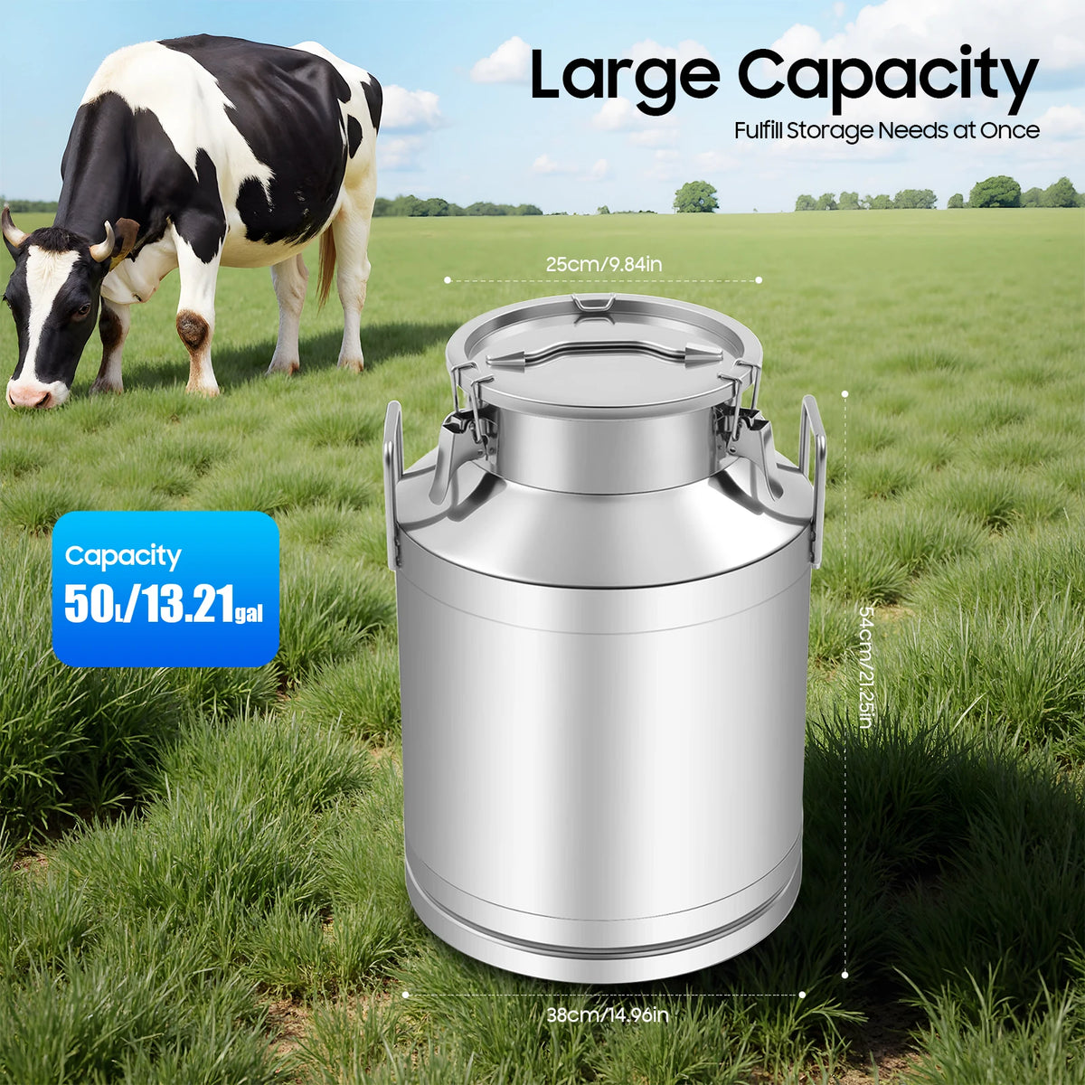 Bymaocar Stainless Steel Milk Can With Triple Locking Lids