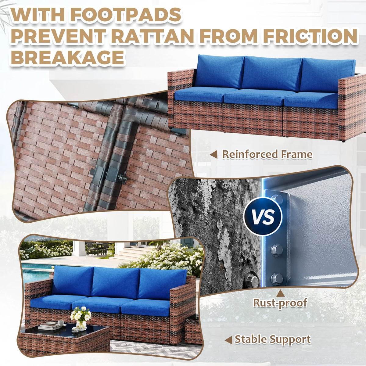 Outdoor Patio Furniture Set, 3-Seat PE Rattan Patio Furniture Sofa with Adjustable Feet & Thick Blue Cushions, All Weather Anti-slip Outdoor Furniture Couch, Durable Outdoor Patio Furniture Set for Poolside, Garden & Backyard