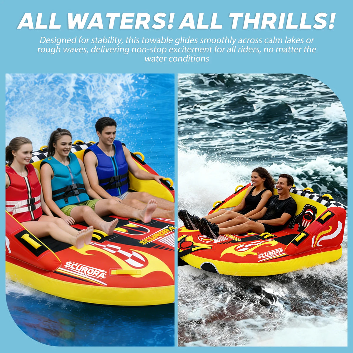 3 Person Towable Tube for Boating, Inflatable Sofa Boat Tube with Front & Back Tow Points, 0.65mm PVC & 840D Nylon Cover, for Lake River Water Sports Fun
