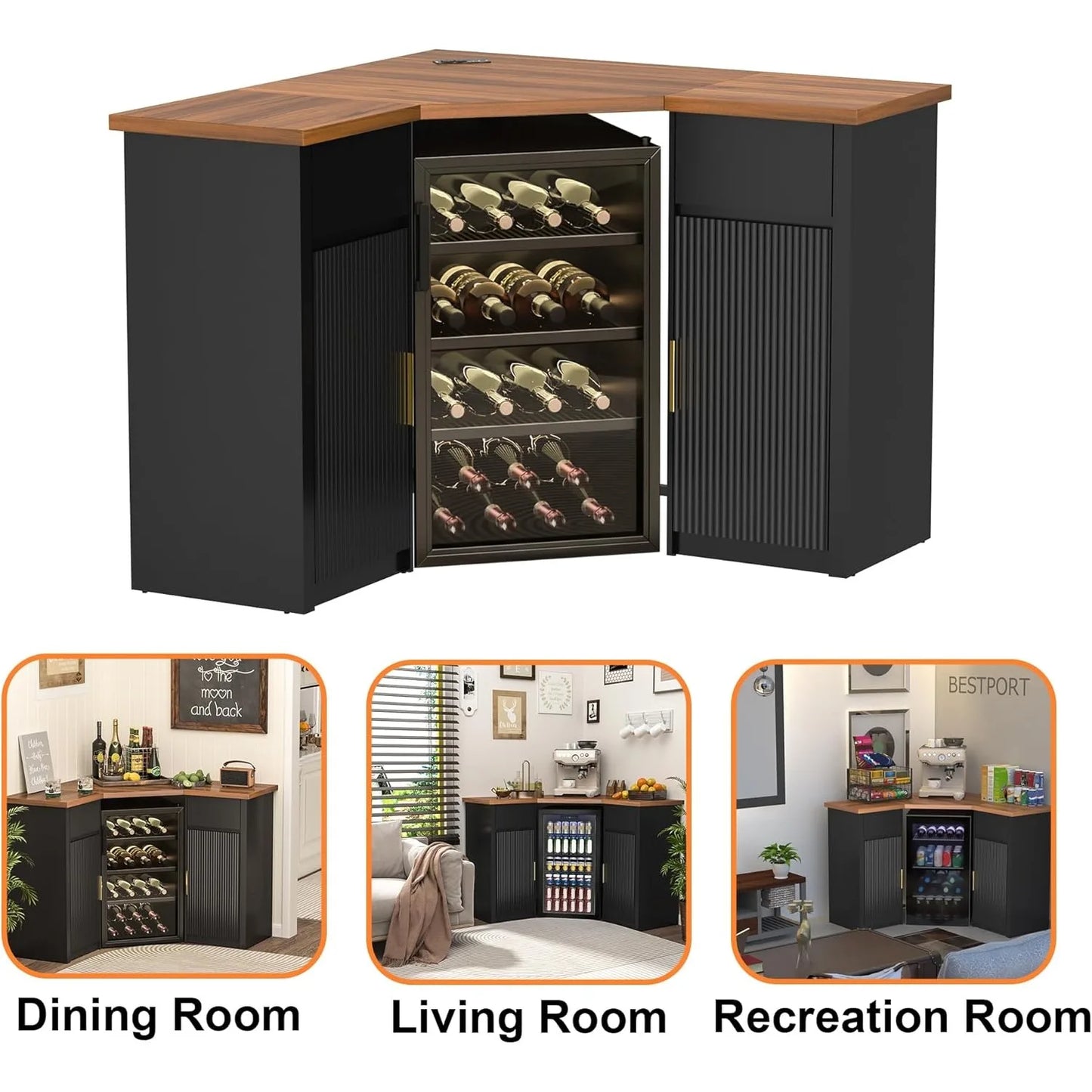 XIUWO Corner Bar Cabinet With Fridge Space Home Beverage Station