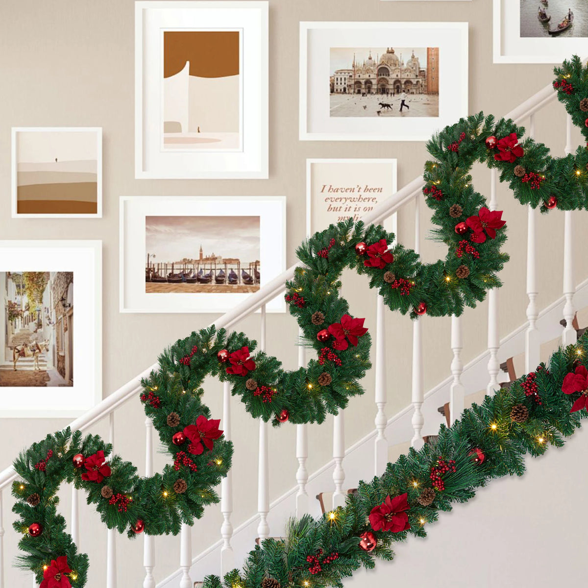 Christmas Garland With Battery Powered LED Lights And Holiday Accents