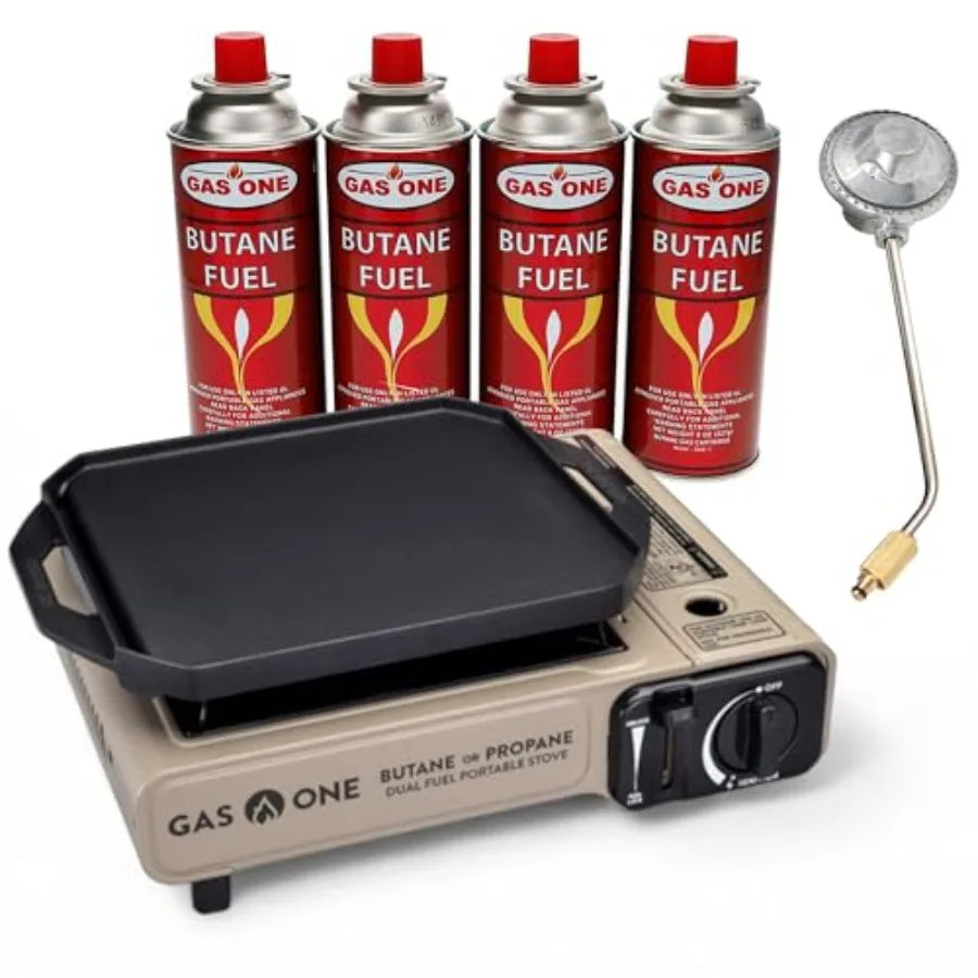 GasOne GS-3400P-KIT Propane or Butane Gas Flat Top Griddle Included Dual Propane Grill Tent Burners for Cooking for Camping, Ki
