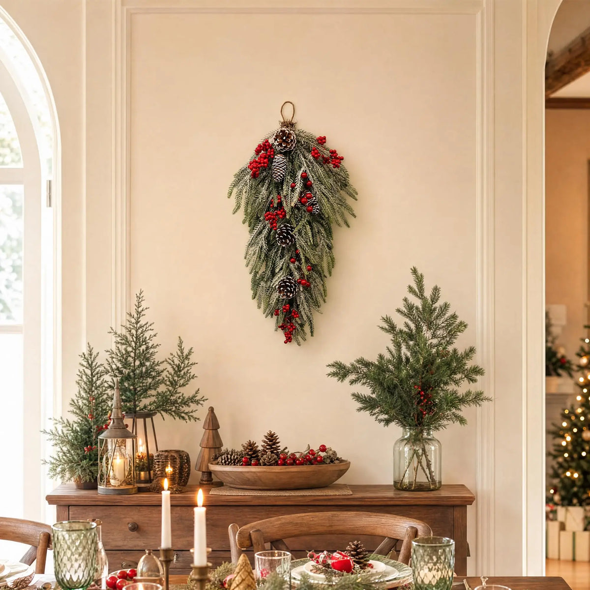 HiMISS Prelit Flocked Christmas Teardrop Swag With Timer