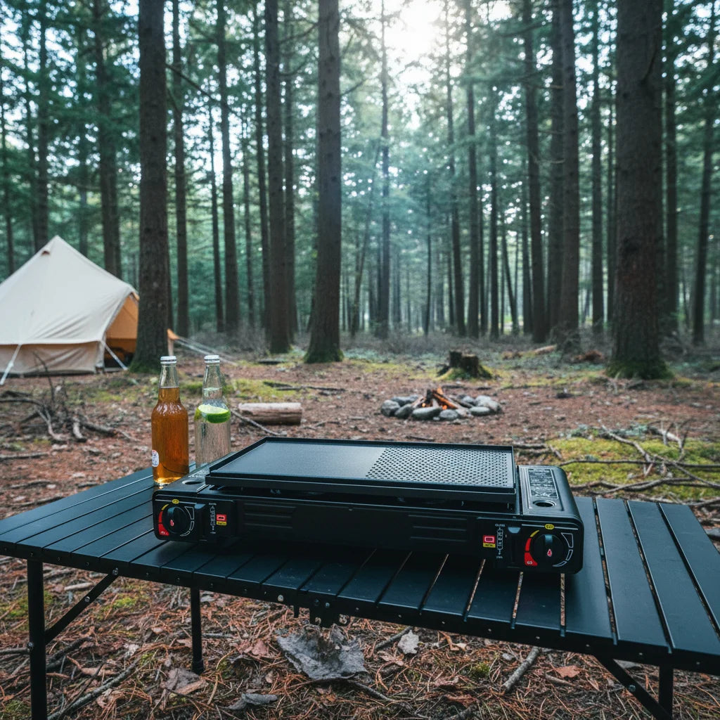 Portable Camping Stove Dual Burners Baking Tray And Carrying Case
