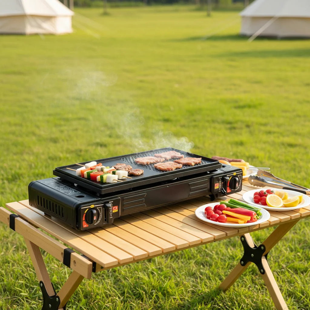 Portable Camping Stove Dual Burners Baking Tray And Carrying Case