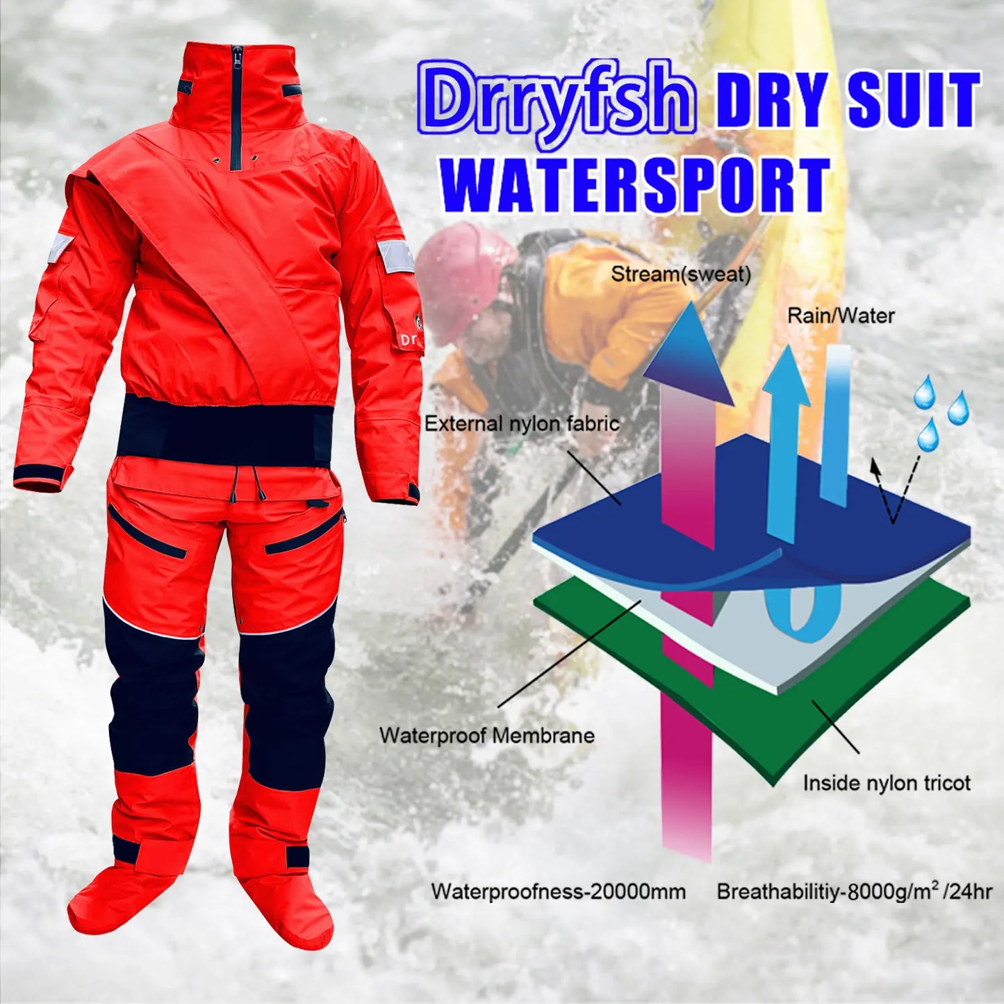 Men Red Kayaking Drysuit, Waterproof Breathable Full Body Dry Suit Cross Shoulder Zipper with Integrated Sock Feet, for Whitewater Rafting Canoeing Cold Water Paddling