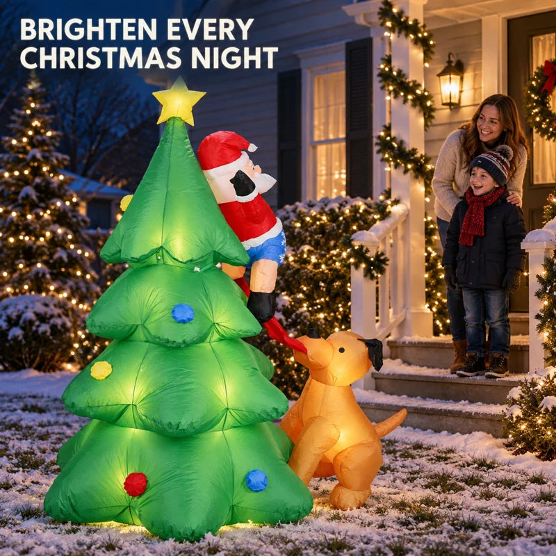 Christmas Inflatable Dog Chasing Santa Climbing Tree With LED Lights