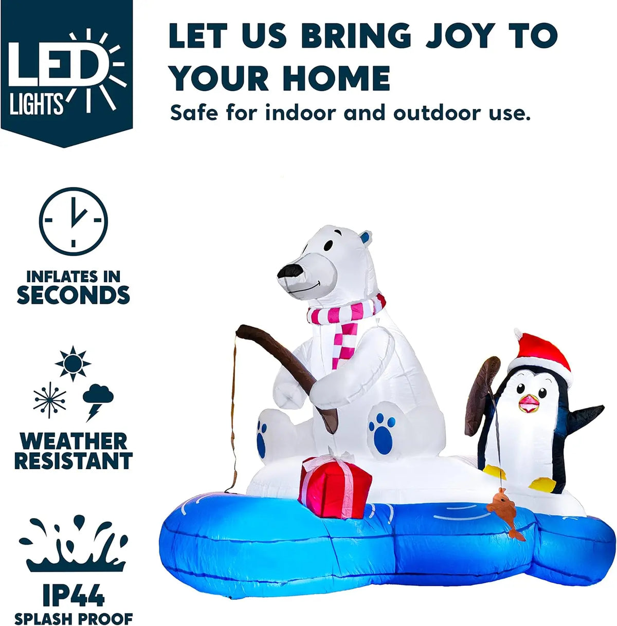 Joyfy Christmas Inflatable Polar Bear Fishing With Penguin LED Decor