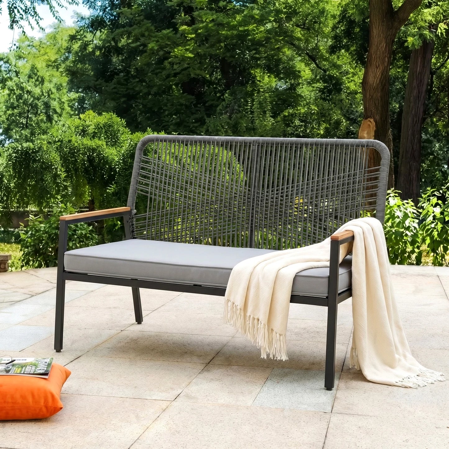 Rattan Patio Loveseat for 2 with Cushion,Patio Loveseat with Curved Back and WPC Armrest,Two-Person Seating for Porch,Balcony,Terrace