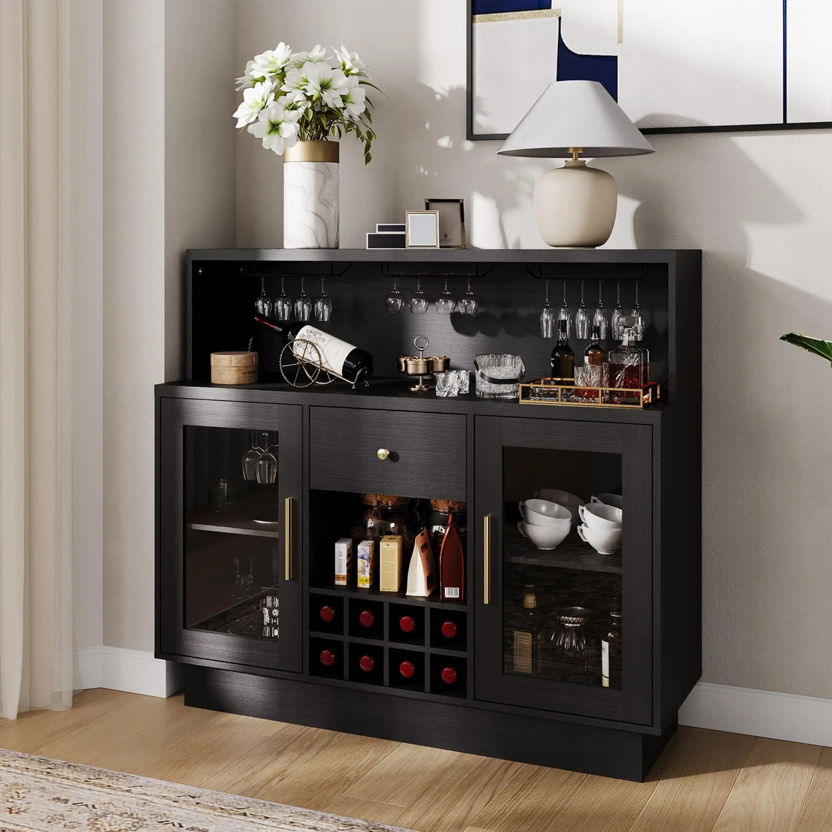HiMiss LED Wine Bar Cabinet Glass Doors Charging Station