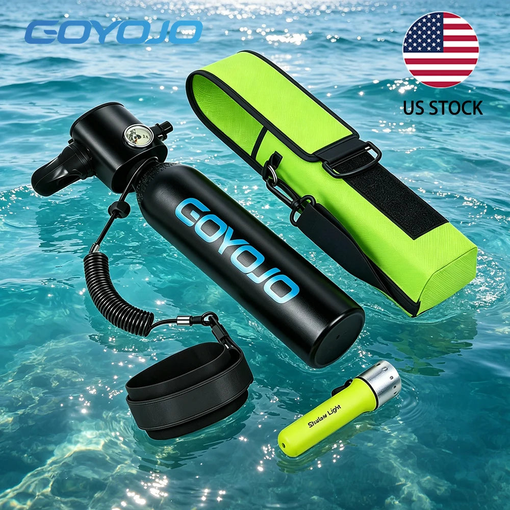 GOYOJO Mini Scuba Tank 0.5L Portable Reusable Diving Tank With flashlight Emergency Diving Cylinder for Snorkeling, Freediving, Boat Cleaning & Air Backup Lightweight & Compact Design Pony Bottle
