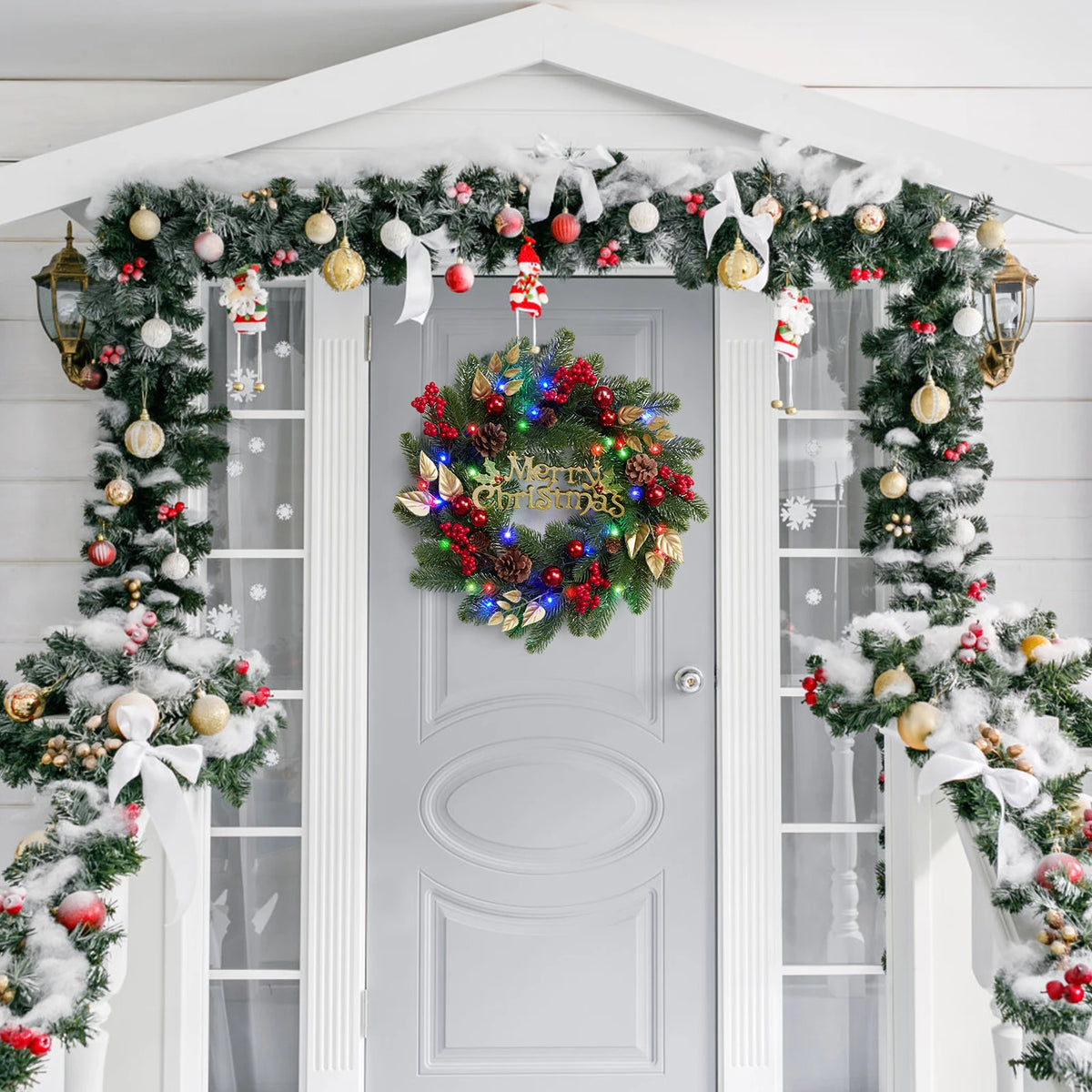 Battery Operated Christmas Wreath With LED Lights And Pine Cones