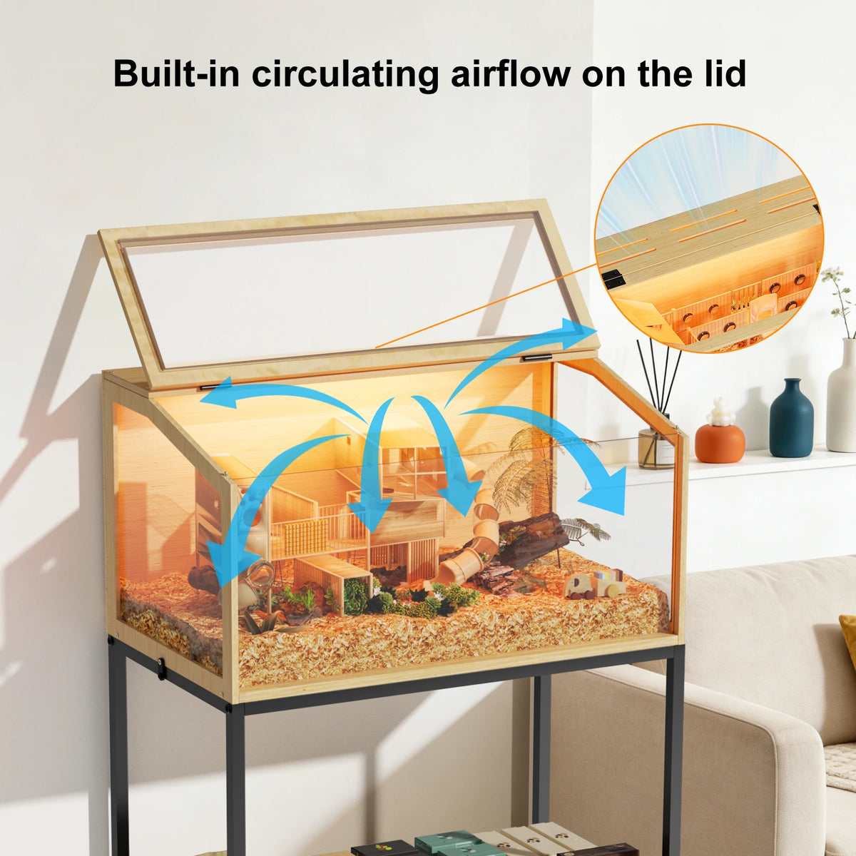 Indoor Wooden Hamster Cage With Tempered Glass And Storage Shelf
