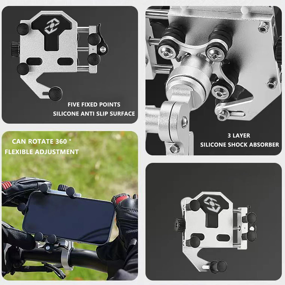 Motorcycle Phone Holder Universal Alloy Shock-Absorbing Motos Bicycle Handlebar Navigation Bracket 360° Rotary Adjustable Stand