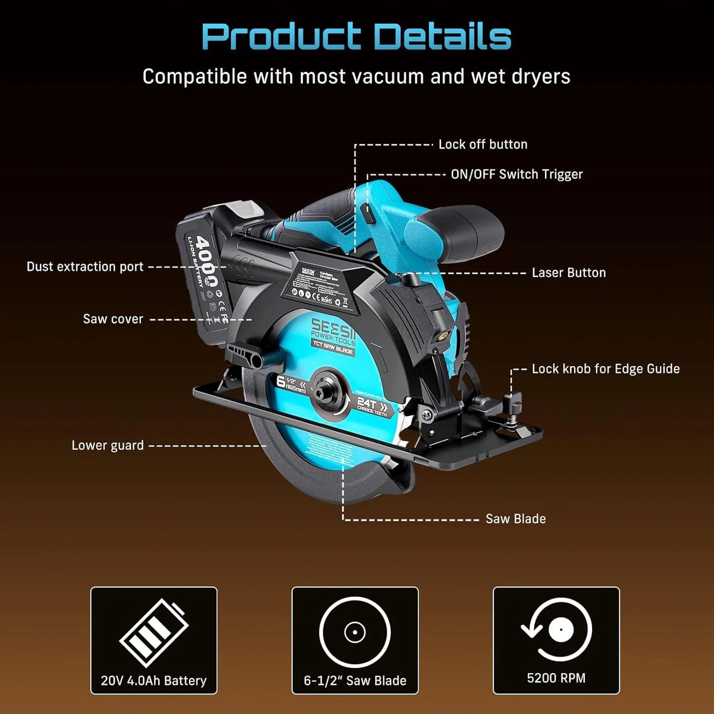 Seesii Cordless Circular Saw With Two Included Batteries For Woodworking