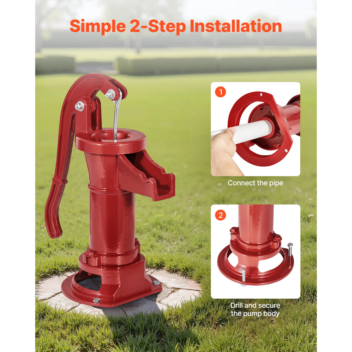 SucceBuy Well Hand Pitcher Pump 25 ft Maximum Lift Cast Iron NPT 1-1/4 in Connection for Garden Pond Farm Red/Black/Yellow/Green