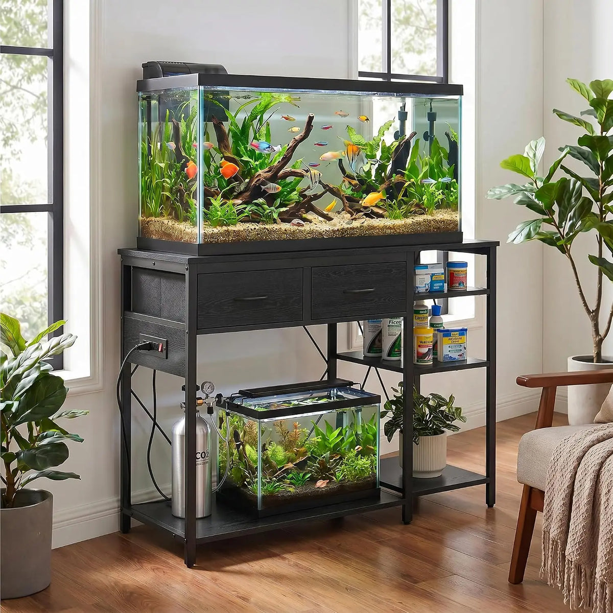 Dual Tank Aquarium Stand with Built In Power Outlets