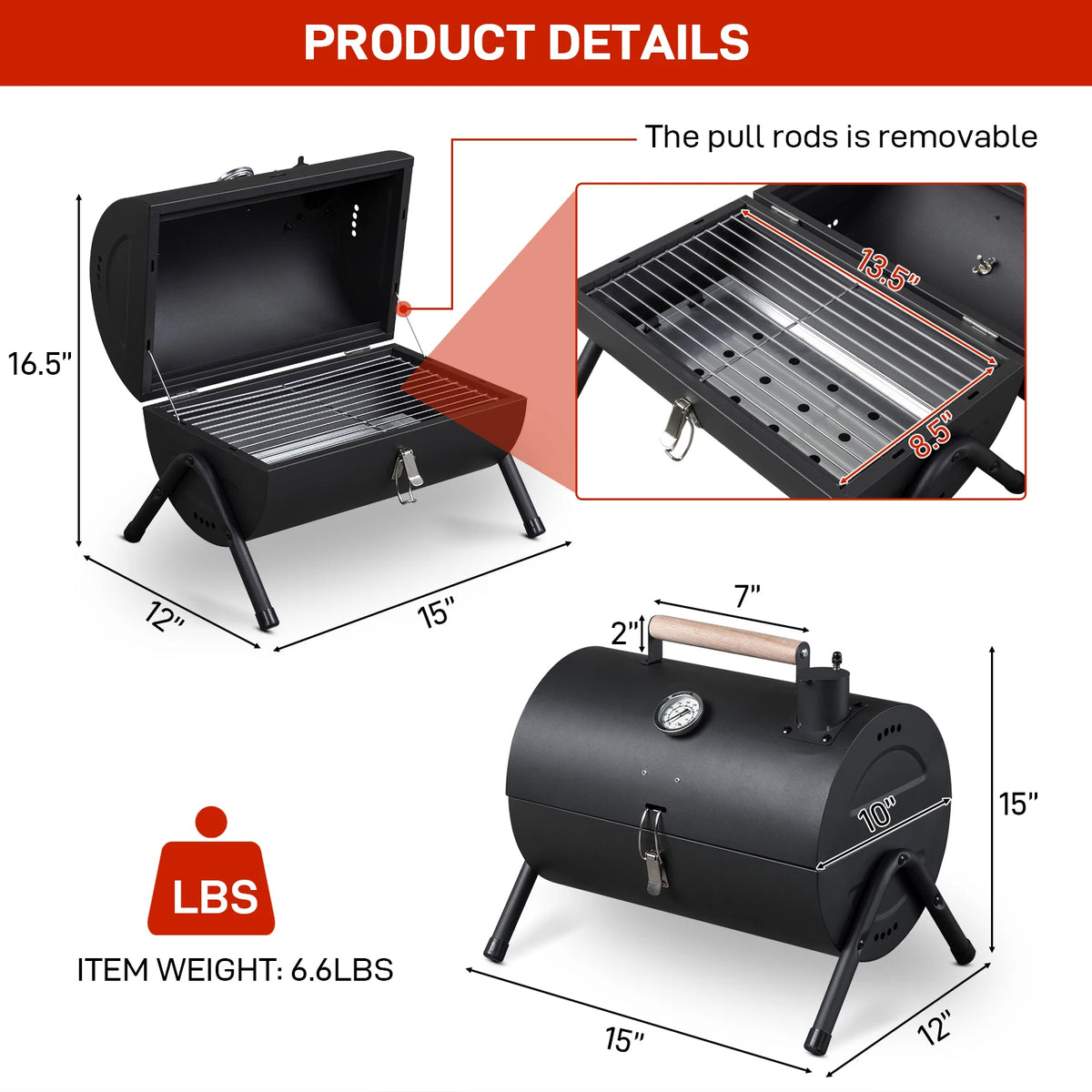 Portable Charcoal Grill with Thermometer and Wooden Handle Compact Tabletop Barbecue Grill Outdoor Camping BBQ Backyard Party