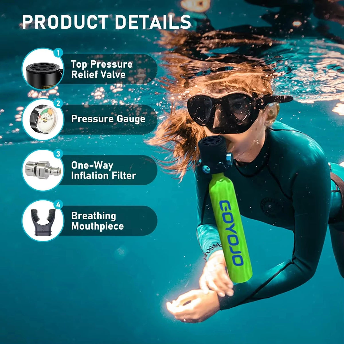 GOYOJO Mini Scuba Tank 0.5L Portable Reusable Diving Tank With flashlight Emergency Diving Cylinder for Snorkeling, Freediving, Boat Cleaning & Air Backup Lightweight & Compact Design Pony Bottle