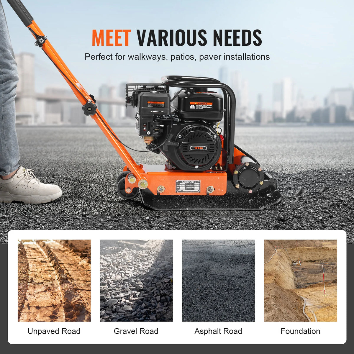 SucceBuy Gasoline Plate Compactor 2.8/6.5 HP Force Vibratory Compaction Tamper For Walkways, Patios, Asphalts, Paver Landscaping