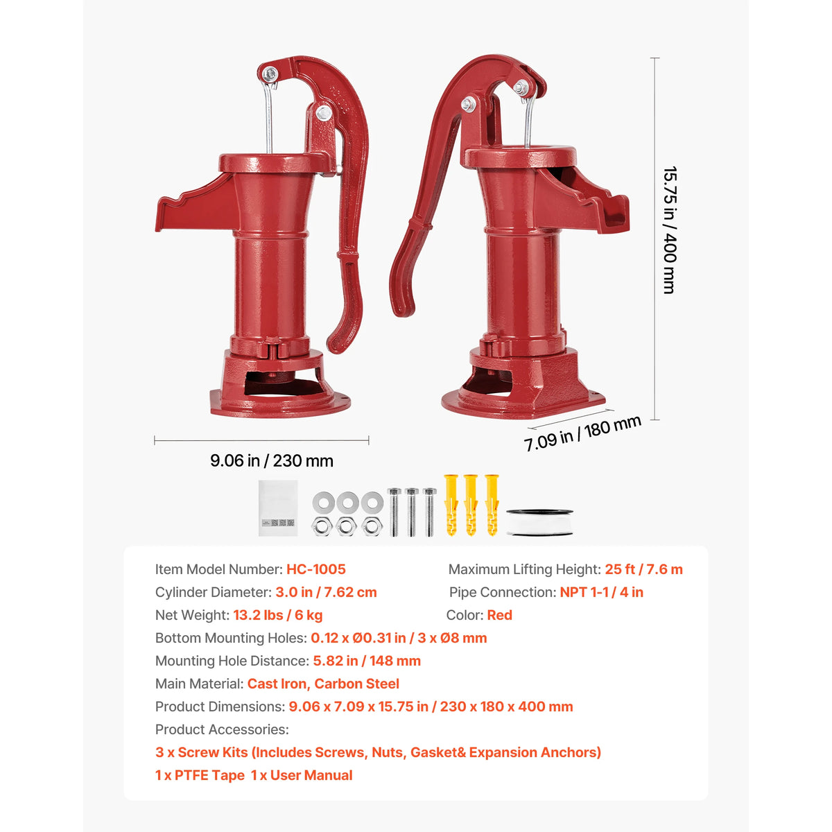 SucceBuy Well Hand Pitcher Pump 25 ft Maximum Lift Cast Iron NPT 1-1/4 in Connection for Garden Pond Farm Red/Black/Yellow/Green