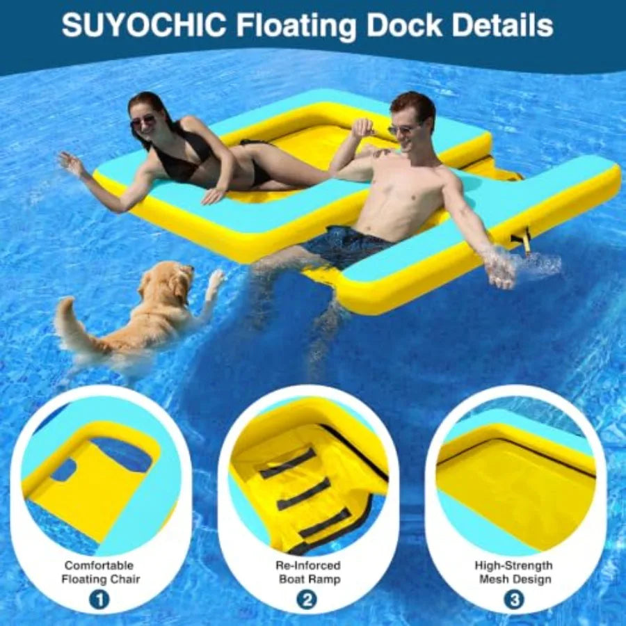 OLOEY Inflatable Floating Dock With Water Ramp Ladder And Hammock