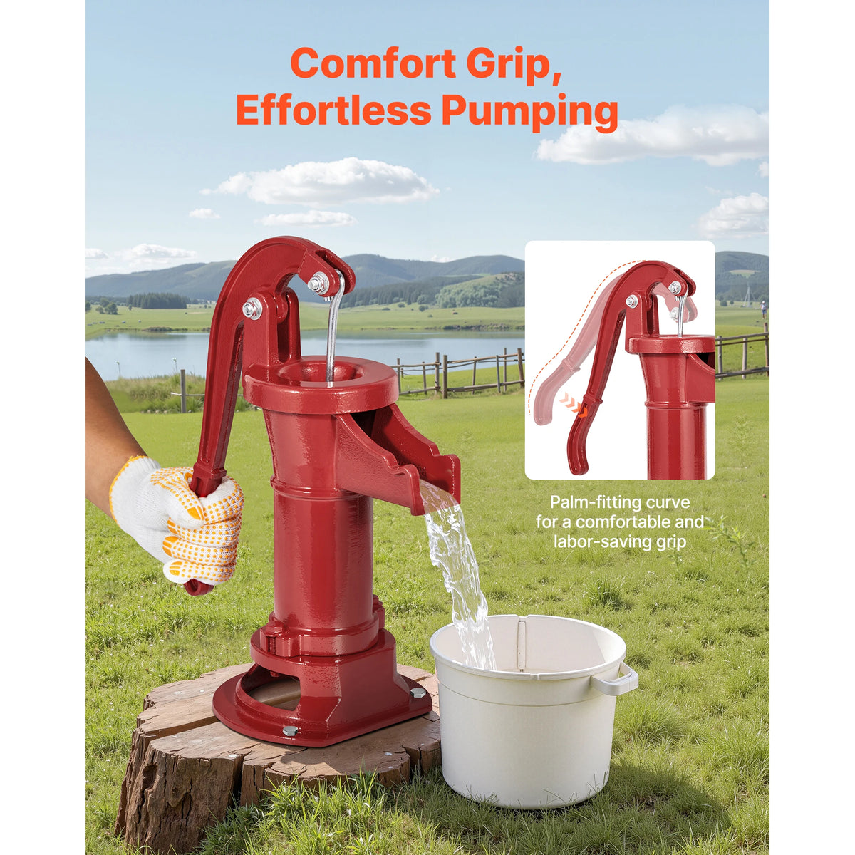 SucceBuy Well Hand Pitcher Pump 25 ft Maximum Lift Cast Iron NPT 1-1/4 in Connection for Garden Pond Farm Red/Black/Yellow/Green
