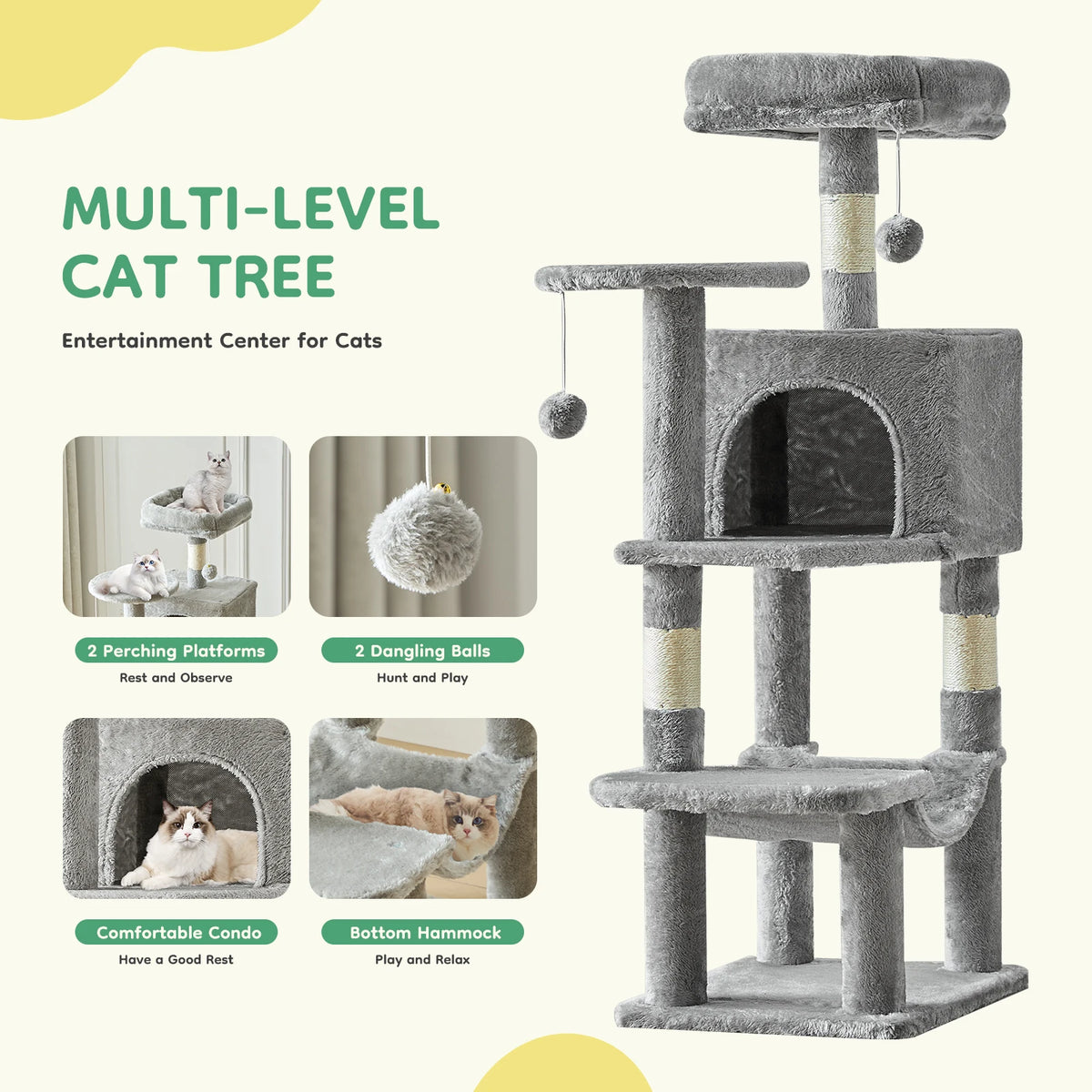 JHK Four Tier Cat Tree Featuring Sisal Posts And Hammock