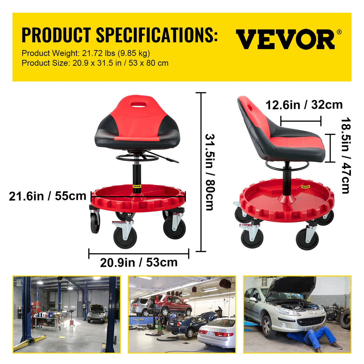 SucceBuy Adjustable Rolling Garage Stool With Tool Tray And Casters
