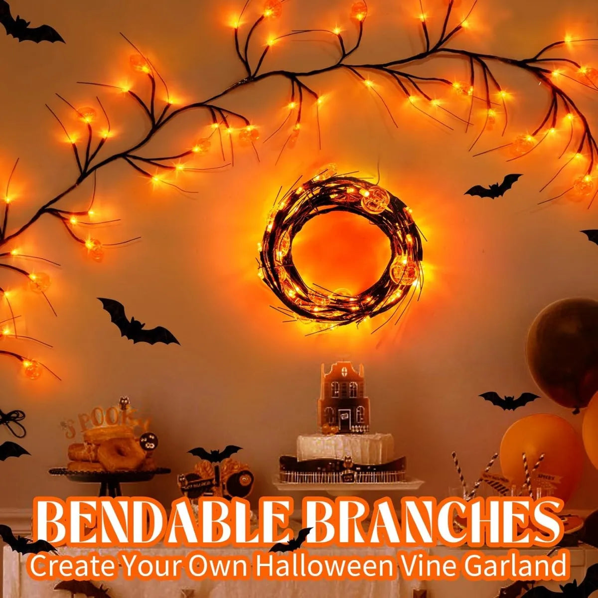 Halloween Pumpkin String Light Flexible Willow Vine Garden Garland