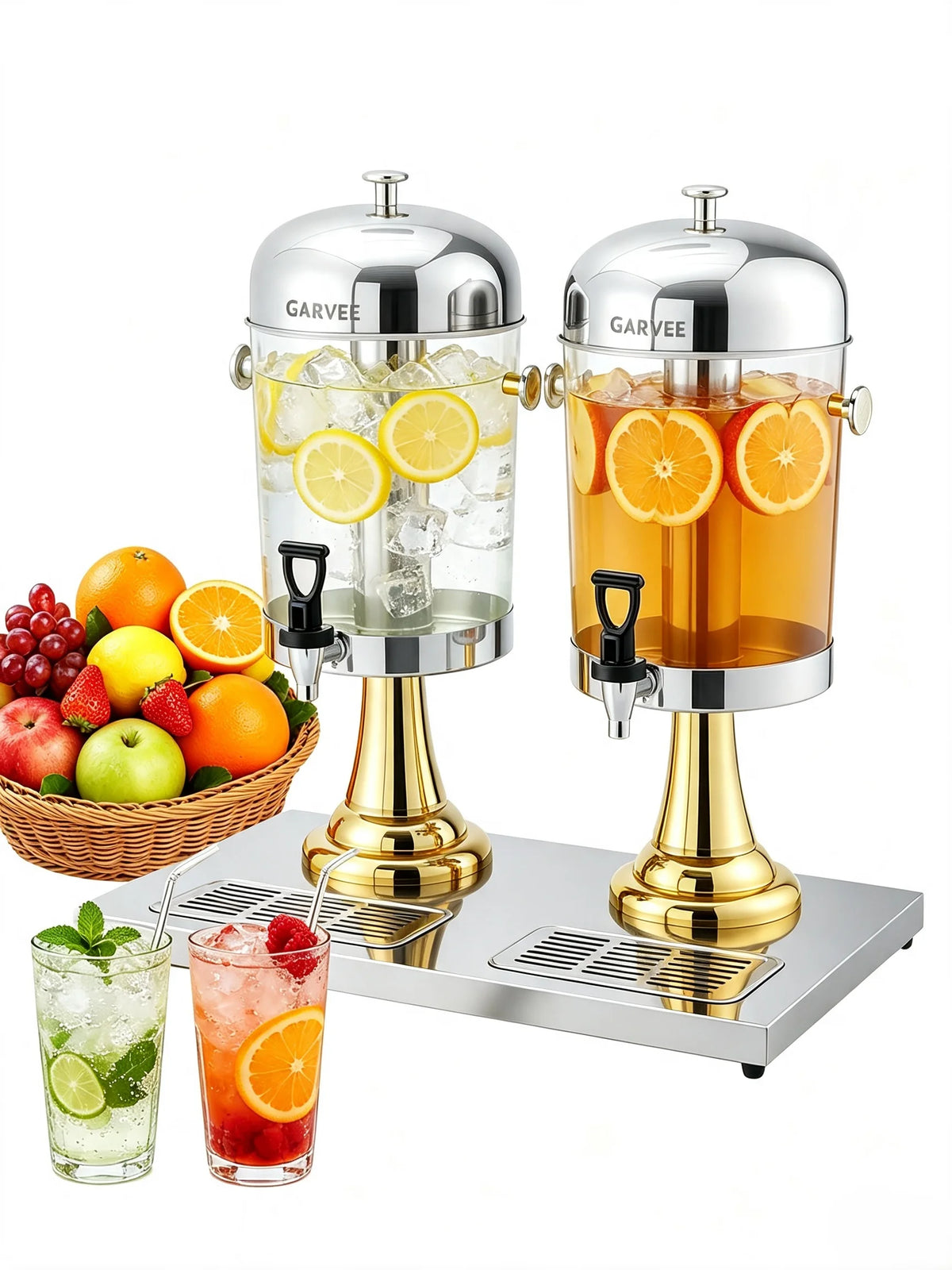 Tacleekii 2.2gal-6.6gal Commercial Drink Dispenser with Ice Core Stainless Steel Beverage Dispenser with Stand, Spigot & Drip Tray for Cold Juice Iced Tea Parties & Weddings