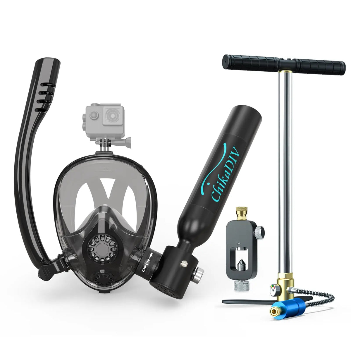 ChikaDIV 0.5L Mini Scuba Tank with Sub-Mask Diving Tank with Full-face Mask Underwater Breath System Lung Tank DOT Certified Pony Bottle for Snorkeling