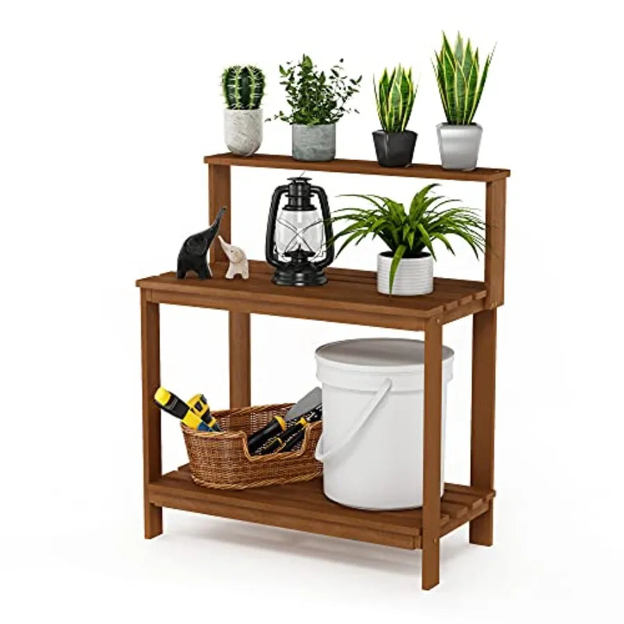 Outdoor Potting Bench Table for Gardening, Natural Wood, Brown, Heavy-Duty with Shelves and Storage
