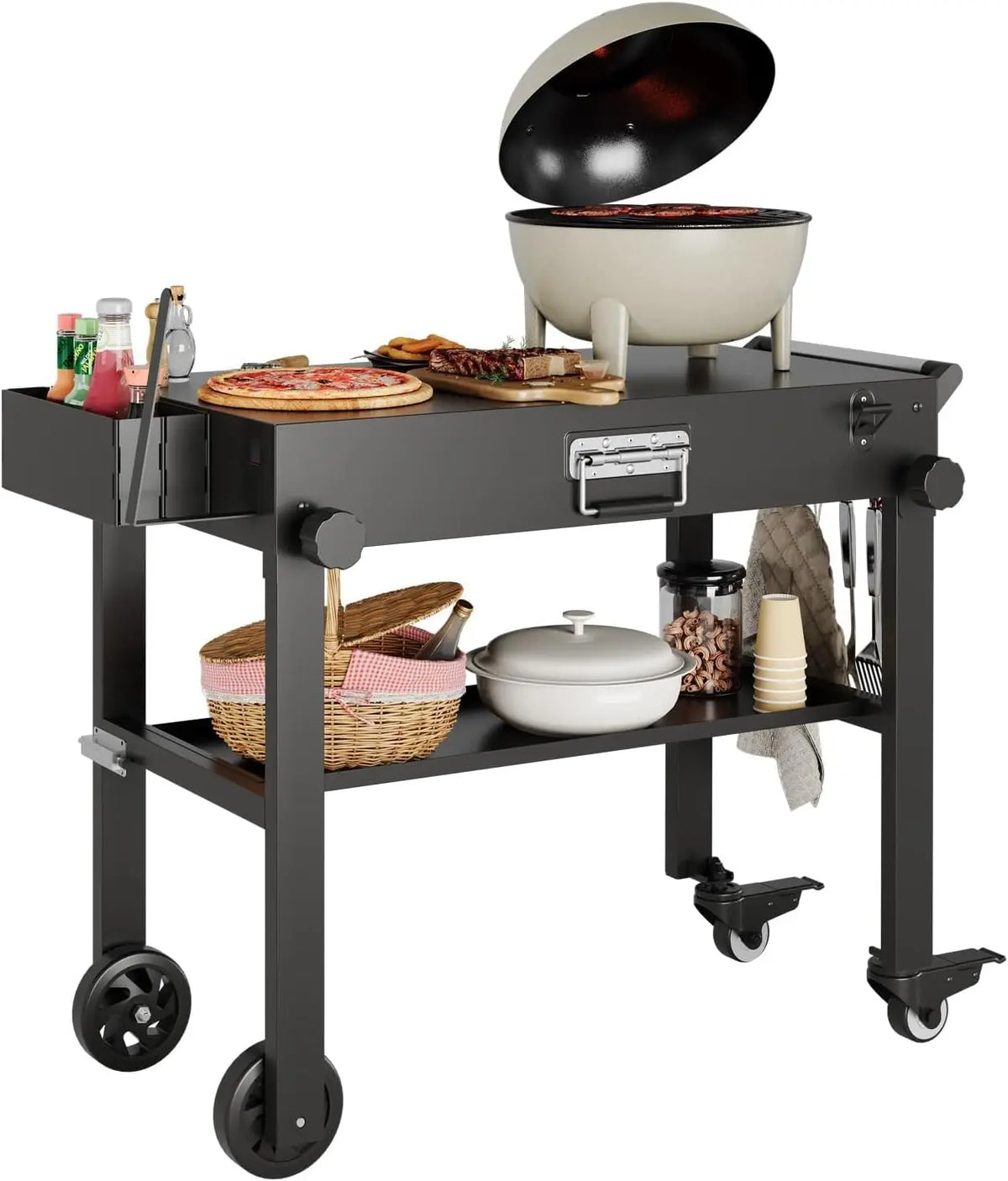 Tacleekii Folding Grill Cart With Locking Wheels and Prep Table
