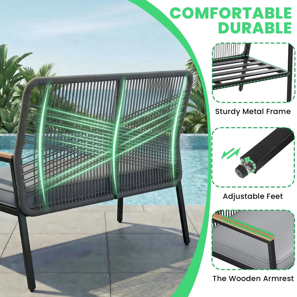 Modern Rattan Patio Loveseat With Cushion Curved Back And Armrests