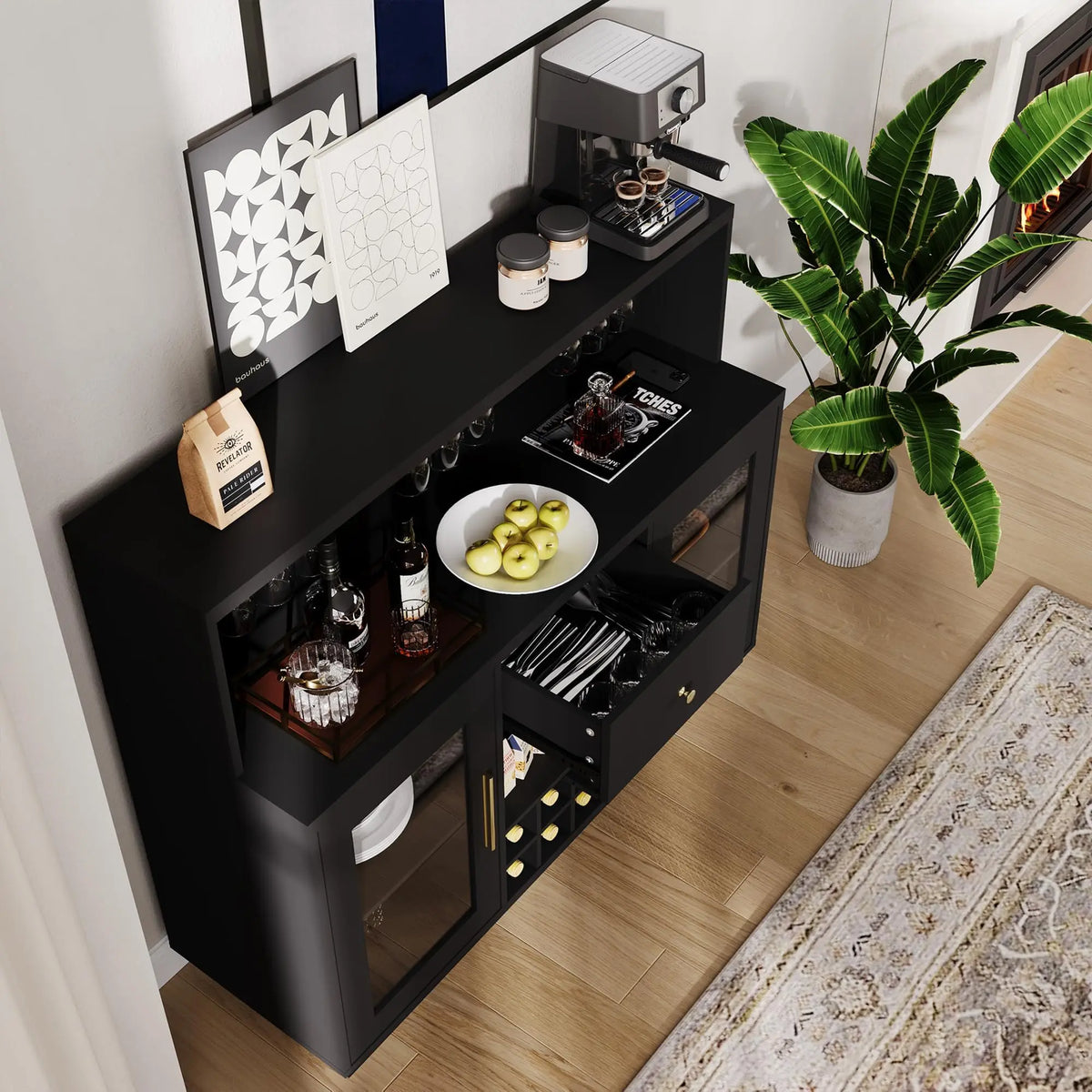 HiMiss LED Wine Bar Cabinet Glass Doors Charging Station