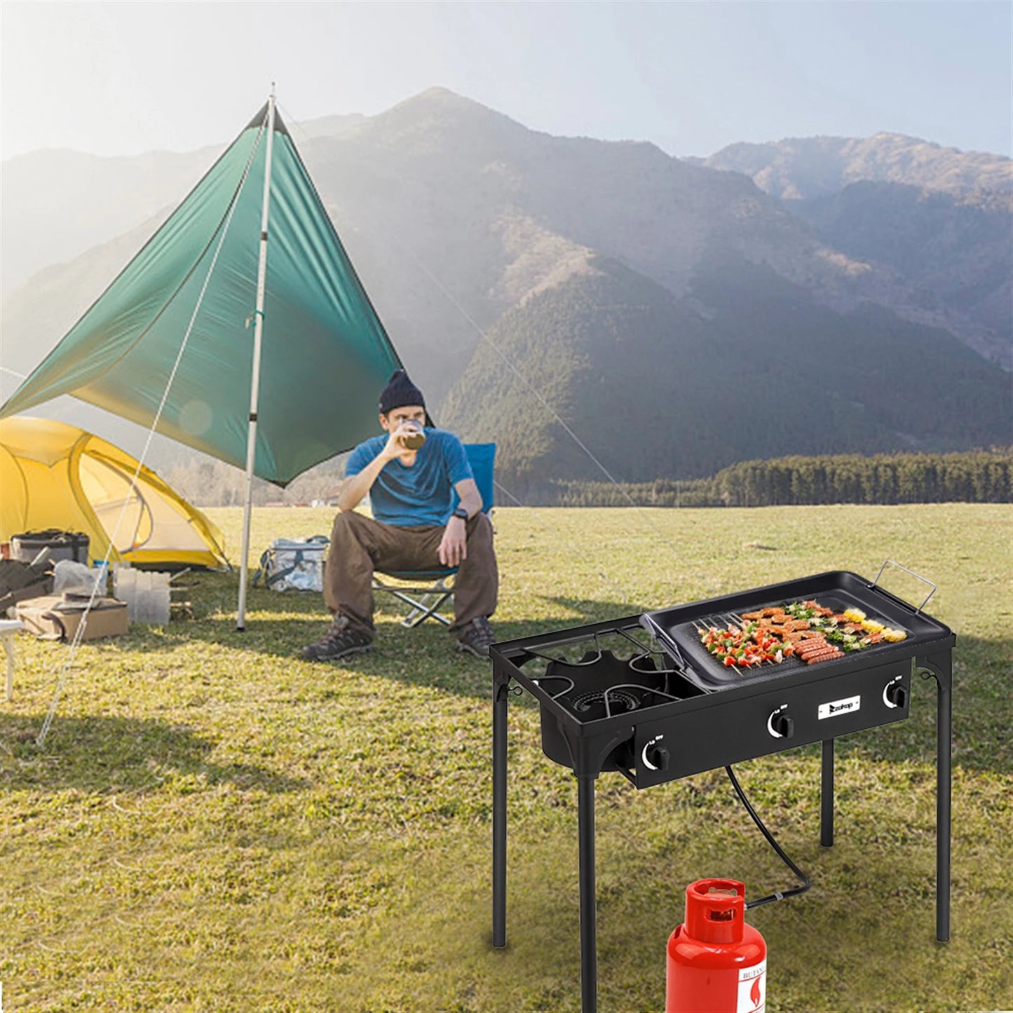 Portable Outdoor Propane Stove With Three Durable Cast Iron Burners