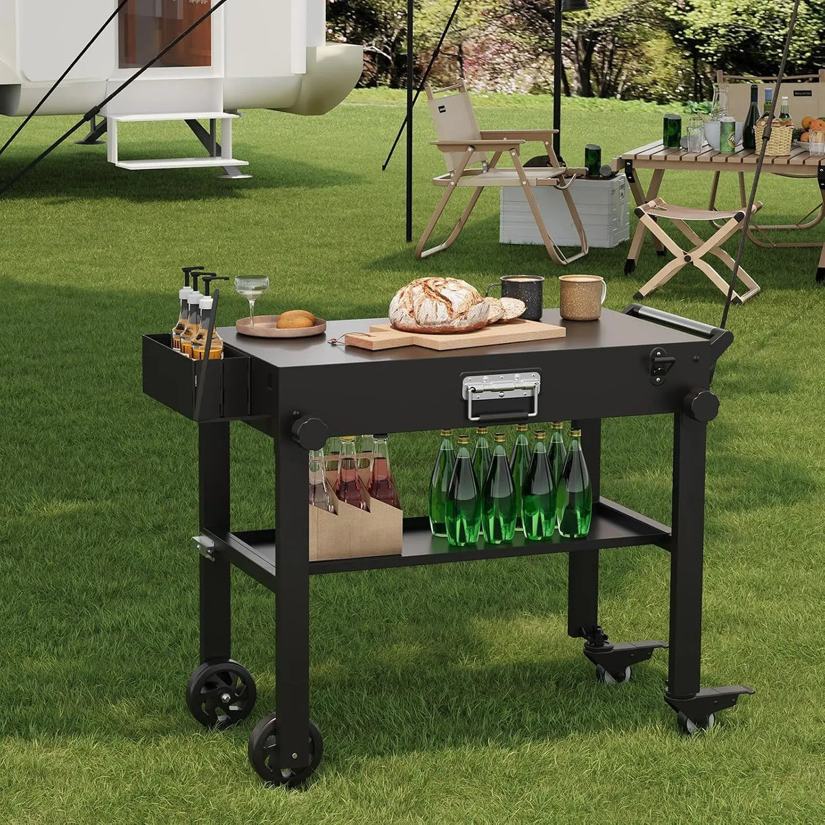 Tacleekii Folding Grill Cart With Locking Wheels and Prep Table