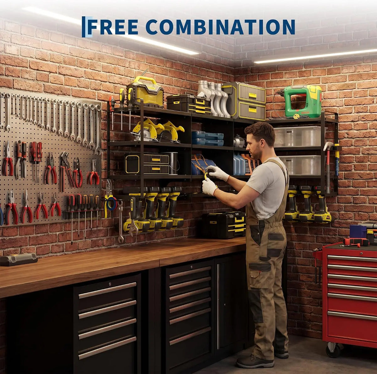 Large Power Tool Organizer Wall Mount Heavy Duty 67 Inch 4-Tier 8 Drill Holder Tool Storage Battery Shelf for Workshop Shed Basement 16 Inch Stud 20 Min Setup