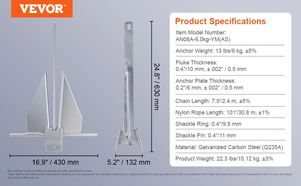 SucceBuy Galvanized Steel Fluke Anchor Kit With Chain And Rope